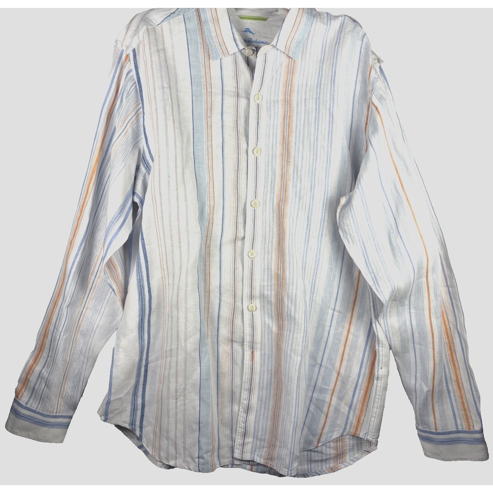 Tommy Bahama Men's Pastel Linen Stripe Shirt LT Coral White Blue Beach